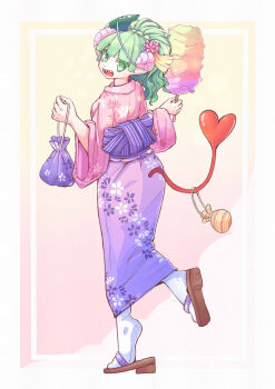 00759393 1girl alternate_hairstyle cotton_candy demon_tail floral_print floral_print_kimono food full_body green_eyes green_hair highres holding holding_cotton_candy holding_food horns japanese_clothes kimono kinchaku long_hair looking_at_viewer looking_back mairimashita!_iruma-kun mask mask_on_head pink_horns pouch print_kimono sandals sharp_teeth socks tail teeth valac_clara water_yoyo white_socks yukata