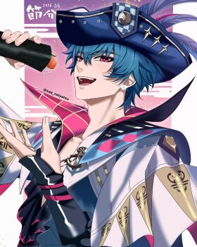 1boy blue_hair blue_shirt brant_(wuthering_waves) commentary_request dated ehoumaki food hair_between_eyes hands_up hat highres holding looking_at_viewer makizushi male_focus open_mouth pink_eyes sae_naiyatsu shirt short_hair smile solo sushi tricorne twitter_username upper_body wuthering_waves