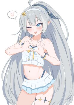 Rule 34 | 1girl, :d, absurdres, ahoge, anger vein, bare shoulders, blue eyes, collarbone, commentary request, fang, female tyrant (stella sora), grey hair, hair ornament, hairband, heart, heart hands, highres, legband, long hair, midriff, movingexplosive, navel, one eye closed, open mouth, pointy ears, simple background, skin fang, smile, speech bubble, stella sora, sweat, swimsuit, tyrant (stella sora), white hairband