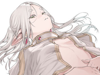 Rule 34 | 1girl, breasts, capelet, commentary request, earrings, elf, frieren, green eyes, grey hair, hair spread out, jewelry, kouya toufu, long hair, long pointy ears, looking at viewer, lying, no bra, no shirt, on back, pointy ears, simple background, small breasts, solo, sousou no frieren, teardrop earrings, thick eyebrows, twintails, upper body, white background, white capelet