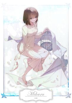 1girl bird birdcage blanket brown_eyes brown_hair cage character_name dress eyebrows eyebrows_hidden_by_hair feathers framed from_m0r0 hair_between_eyes highres mermaid_melody_pichi_pichi_pitch mikaru_(mermaid_melody_pichi_pichi_pitch) no_shoes