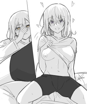 17aijo 2girls bad_source bang_dream! bang_dream!_it's_mygo!!!!! blush breasts clothes_lift commentary covered_erect_nipples greyscale hair_between_eyes heart heart-shaped_pupils highres medium_breasts misumi_uika monochrome multiple_girls multiple_views navel open_mouth purple_eyes shirt_lift shorts spot_color straddling symbol-shaped_pupils togawa_sakiko white_background yellow_eyes yuri