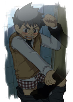 1boy 1other black_hair blush glasses long_sleeves male_focus male_underwear original rape school_uniform shirt short_hair shota solo_focus steelwire sweater_vest underwear white_shirt