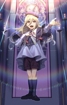 1boy afuro_terumi androgynous beret bishounen black_footwear black_shorts blonde_hair blue_robe blue_socks candle candlestand church dolustoy hat highres inazuma_eleven inazuma_eleven_(series) indoors kneehighs long_hair male_focus open_mouth purple_hat red_eyes robe shorts socks solo stained_glass