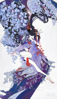 1girl absurdres barefoot black_eyes black_hair commentary_request crown expressionless floating_hair flower full_body hakama hakama_skirt highres japanese_clothes kimono long_hair original pale_skin purple_kimono shiguretau skirt solo traditional_media very_long_hair