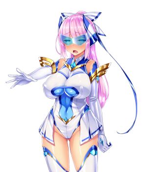 1girl :o bare_shoulders blue-tinted_eyewear blue_eyes blush breasts cameltoe chest_jewel clenched_hand covered_erect_nipples covered_navel cowboy_shot elbow_gloves element_venus embarrassed game_cg gem gloves gluteal_fold hair_ribbon half-closed_eyes headgear high_ponytail highleg highleg_leotard impossible_clothes impossible_leotard kisaragi_nozomi large_breasts large_variant_set legs_apart leotard long_hair looking_at_viewer magical_girl non-web_source nose_blush official_art open_mouth outstretched_arm pink_hair pleated_skirt ponytail ribbon satou_kuuki shinsou_seiki_elementia shiny_clothes shiny_skin showgirl_skirt simple_background skin_tight skirt solo standing sweatdrop thighhighs tinted_eyewear transparent_background variant_set white_gloves white_leotard white_thighhighs