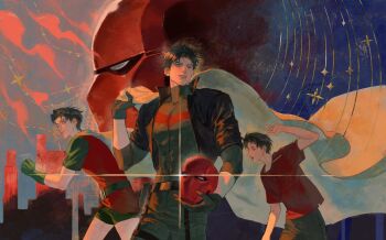 bat_signal batman_(series) batman_symbol belt black_bodysuit black_gloves black_hair blue_eyes bodysuit brown_jacket cape dc_comics domino_mask eye_mask gloves green_gloves grey_bodysuit highres jacket jason_todd male_focus mask multicolored_bodysuit multiple_boys multiple_persona muscular muscular_male open_clothes pants red_hood_(dc) red_hood_and_the_outlaws red_mask rfnyn17381 robin_(dc) short_hair smile superhero_costume taut_bodysuit two-tone_bodysuit