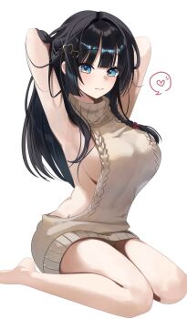 1girl arms_up artist_request barefoot black_hair blue_eyes bow braid breasts brown_sweater cable_knit closed_mouth commentary_request full_body glint hair_bow hair_intakes hair_ornament hand_in_own_hair heart heart_hair_ornament highres korean_commentary large_breasts long_hair looking_at_viewer no_bra no_pants red_bow second-party_source shirayuki_hina sideboob sideless_outfit simple_background sitting solo speech_bubble spoken_heart stellive sweater turtleneck turtleneck_sweater virgin_killer_sweater virtual_youtuber wariza white_background