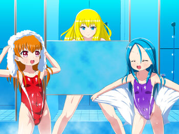 3girls age_difference aimerluna blonde_hair blue_eyes blue_hair blush brown_hair closed_eyes competition competition_swimsuit highres loli long_hair multiple_girls one-piece_swimsuit onee-loli open_mouth original pervert purple_one-piece_swimsuit red_eyes red_one-piece_swimsuit smile swimsuit voyeurism wet yuri