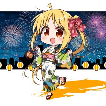 1girl aerial_fireworks ahoge alternate_costume blonde_hair blush bocchi_the_rock! bow chibi chibi_only chika_(06chimika13) commentary_request fireworks full_body hair_bow ijichi_nijika japanese_clothes kimono lantern long_sleeves looking_at_viewer open_mouth paper_lantern polka_dot polka_dot_bow red_bow red_eyes sandals shadow side_ponytail sidelocks smile solo white_kimono