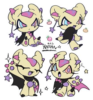 1other :3 :d :o amatou_akuma animal_ears arm_up bat_ears bat_wings blue_eyes character_name chibi chibi_only chibikemo claws closed_eyes eyelashes fang food fruit full_body furry hand_on_own_hip heterochromia highres looking_at_viewer multiple_views open_mouth original other_focus pink_eyes pink_pupils purple_pupils ringed_eyes simple_background sitting smile standing strawberry u_u walking white_background wings yellow_fur