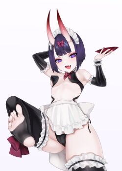 1girl apron bare_shoulders black_thighhighs blush bow breasts cup detached_sleeves eyeliner fangs fate/grand_order fate_(series) hair_bow highres horns looking_at_viewer maid_headdress makeup ompf oni open_mouth purple_eyes purple_hair revealing_clothes sakazuki short_hair shuten_douji_(fate) skin-covered_horns small_breasts smile soles solo stirrup_legwear thighhighs thighs toeless_legwear waist_apron white_apron