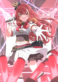1girl absurdres belt bule_blue_2 clothing_cutout commentary_request floating_hair gloves hand_up highres holding holding_microphone leg_warmers long_hair microphone midriff navel nekota_tsuna offering_hand open_mouth orange_eyes red_hair short_sleeves shoulder_cutout skirt smile standing very_long_hair virtual_youtuber vspo! white_gloves white_leg_warmers white_skirt
