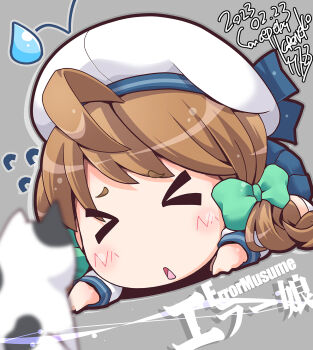 Rule 34 | 1girl, ahoge, brown hair, cat, character name, chibi, error musume, girl holding a cat (kancolle), hat, highres, kantai collection, kuroneko (kuroneko works), long hair, sailor hat, school uniform, serafuku, solo, twintails, white hat