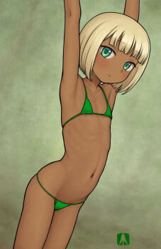 1girl armpit_focus armpits arms_up bikini blonde_hair dark-skinned_female dark_skin expressionless flat_chest green_bikini green_eyes highres loli looking_at_viewer micro_bikini navel nipple_slip nipples omodaka_(nitera1041) original short_hair solo stomach swimsuit