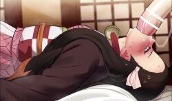 1boy 1girl animated bar_censor breasts censored clothed_sex erection fellatio from_side hetero huge_penis irrumatio kamado_nezuko kimetsu_no_yaiba loli lying mizumizuni on_back oral penis profile reverse_fellatio shouji sliding_doors small_breasts solo_focus tagme throat_bulge video x-ray