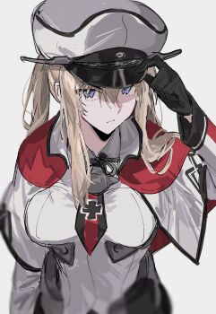 1girl aogisa black_gloves blonde_hair breasts capelet closed_mouth commentary cross gloves graf_zeppelin_(kancolle) grey_background hair_between_eyes hand_on_headwear hat highres iron_cross kantai_collection large_breasts long_hair long_sleeves looking_at_viewer military military_uniform peaked_cap purple_eyes sidelocks simple_background solo twintails upper_body