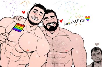 3boys abs bara beard black_eyes black_hair body_hair chest_hair couple dopey_(dopq) english_text facial_hair fireworks large_pectorals lgbt_pride male_focus manly multiple_boys muscular nipples original pectorals rainbow_flag simple_background sketch topless_male yaoi