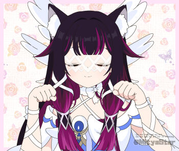 Rule 34 | 1girl, animal ear fluff, animal ears, cat ears, closed eyes, closed mouth, columbina (genshin impact), commentary request, dress, eye mask, facing viewer, floral background, genshin impact, hands up, kemonomimi mode, low-tied sidelocks, mask, mitya, multicolored hair, partial commentary, paw pose, purple hair, revision, sidelocks, smile, solo, straight-on, streaked hair, upper body, watermark, white dress, white wings, wings