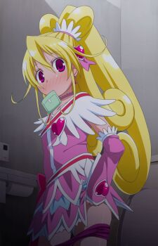 Rule 34 | 1girl, aida mana, arm warmers, bike shorts, blonde hair, blush, brooch, choker, clothes pull, cure heart, dokidoki! precure, female focus, hair ornament, half updo, heart, heart brooch, highres, hishikawa rikka, jewelry, kago no tori, long hair, looking at viewer, magical girl, menstrual pad, mouth hold, pink arm warmers, pink eyes, ponytail, precure, shorts, shorts pull, skirt, solo, tissue, toilet, undressing