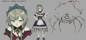 1girl absurdres annoyed arthropod_limbs automaton_(object) bare_shoulders blonde_hair doll_joints dress genshin_impact gloves green_eyes grey_background hair_between_eyes hairband highres jewelry joints kieruart marionette multiple_views puppet puppet_strings sandrone_(genshin_impact) sidelocks simple_background string white_dress white_gloves