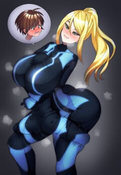 1boy 1girl artist_self-insert between_breasts blonde_hair blue_eyes bodysuit breast_smother breasts brown_eyes brown_hair clothed_sex clothes_entrapment drooling face_to_breasts femdom head_between_breasts highres huge_breasts long_hair metroid mole mole_under_mouth nikichi nintendo ponytail rape samus_aran shared_clothes taller_female under_another's_clothes zero_suit