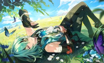 1boy absurdres anaxa_(honkai:_star_rail) aqua_hair bare_shoulders black_gloves black_pants blue_sky chain cloud cloudy_sky crossed_legs eyepatch gem gloves hair_between_eyes hair_intakes half-closed_eyes highres honkai:_star_rail honkai_(series) looking_at_viewer lucky_mimi12 lying male_focus mandarin_collar medium_hair on_back one_eye_covered outdoors pants parted_lips partially_fingerless_gloves pink_eyes red_gemstone red_tattoo shirt side_ponytail sky solo teeth white_shirt