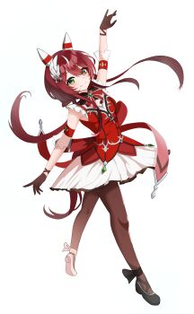 1girl absurdres animal_ears asymmetrical_footwear ballet blush breasts closed_mouth ear_covers feather_hair_ornament feathers green_eyes hair_ornament highres horse_ears horse_girl looking_at_viewer mismatched_footwear modi red_hair small_breasts smile solo tutu umamusume white_background win_variation_(dramatic_tutu)_(umamusume) win_variation_(umamusume)