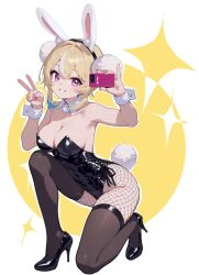 Rule 34 | 1girl, acfun, acfun girl, ai-assisted, alternate eye color, animal ears, black footwear, black leotard, black thighhighs, blonde hair, breasts, bun cover, cellphone, circle, cleavage, detached collar, double bun, fake animal ears, fishnet pantyhose, fishnets, fps xilou, full body, grin, hair bun, hands up, high heels, highres, holding, holding phone, leotard, looking at viewer, medium breasts, multicolored hair, on one knee, pantyhose, phone, pink eyes, playboy bunny, rabbit ears, rabbit tail, selfie, short hair, sidelocks, smartphone, smile, solo, strapless, strapless leotard, streaked hair, tail, teeth, thighhighs, two-tone background, v, white background, white hair, white wrist cuffs, wrist cuffs, yellow background