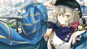 1girl absurdres adjusting_clothes adjusting_headwear arm_up armor blonde_hair blue_coat blue_neckerchief brume_(reverse:1999) city coat day dragon dragon_on_shoulder flower freckles green_hat hair_flower hair_ornament hand_up hat highres jewelry neckerchief necklace newsboy_cap open_clothes open_coat outdoors railing reverse:1999 short_hair shoulder_armor small_dragon smile solo tank_top upper_body white_flower white_tank_top yellow_eyes yinghuochong_(doubiyinghuochong)