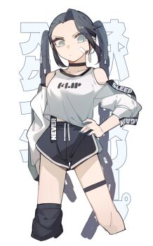 1girl asymmetrical_bangs bandage_on_face bandages bare_shoulders black_choker black_hair black_shorts blue_nails breasts chain chain_earrings choker closed_mouth clothes_writing clothing_cutout collarbone commentary covered_groin cropped_legs curtained_hair dolphin_shorts drawstring ear_piercing earrings english_commentary eyes_visible_through_hair fingernails glaring green_eyes hand_on_own_hip highres jewelry kamatpit long_sleeves looking_at_viewer medium_breasts medium_hair midriff_peek nail_polish original piercing shirt short_shorts shorts shoulder_cutout single_earring single_sidelock sleeves_pushed_up solo standing strap thigh_strap translation_request twintails v-shaped_eyebrows white_background white_shirt