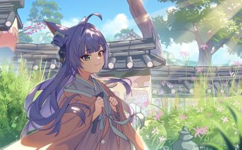 Rule 34 | 1girl, absurdres, ahoge, animal ear fluff, animal ears, blue eyes, commentary request, flat chest, flower, heterochromia, highres, korean commentary, light smile, long hair, nachyomumei, outdoors, purple hair, solo, stellive, tenko shibuki, tree, yellow eyes