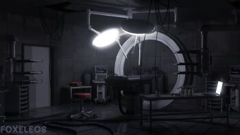 3d artist_name blender_(medium) cable ceiling commentary computer cup door drinking_glass english_commentary floor foxeleos gas_tank glass grey_theme highres hospital indoors laptop no_humans original photoshop_(medium) scenery screen_light shadow stool tile_ceiling tile_floor tile_wall tiles tube wall watermark