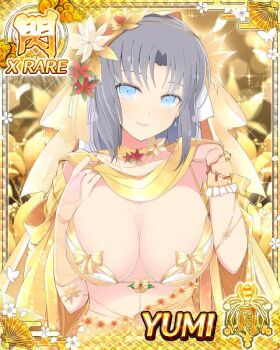 1girl bikini blue_eyes blush border bow breasts bridal_gauntlets card_(medium) character_name cleavage collarbone flower game_cg gold_bikini grey_hair groin hair_bow hair_flower hair_ornament hair_ribbon head_tilt large_breasts looking_at_viewer medium_hair navel official_art parted_bangs parted_lips ribbon senran_kagura senran_kagura_new_wave shawl smile solo sparkle stomach string_bikini striped_bow swimsuit third-party_source underwear white_bow yellow_ribbon yumi_(senran_kagura)