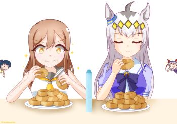 4girls animal_ears commentary_request crossover donut eating food glutton horse_ears horse_girl kunikida_hanamaru love_live! love_live!_sunshine!! multiple_girls oguri_cap_(umamusume) school_uniform sparkle tamamo_cross_(umamusume) tracen_school_uniform trait_connection tsushima_yoshiko umamusume upper_body uranohoshi_school_uniform vanilla_nishiki