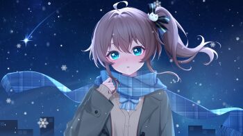 Rule 34 | 1girl, ahoge, alternate costume, black ribbon, blue bow, blue bowtie, blue eyes, blue scarf, blush, bow, bowtie, brown cardigan, brown hair, cardigan, cat hair ornament, coat, commentary, felixkohai, grey coat, hair between eyes, hair ornament, hair ribbon, heart, heart in eye, highres, hololive, lapels, looking at viewer, medium hair, natsuiro matsuri, night, notched lapels, open mouth, outdoors, plaid clothes, plaid scarf, ribbon, scarf, shirt, shooting star, side ponytail, sidelocks, sky, snowflakes, snowing, solo, straight-on, symbol-only commentary, symbol in eye, upper body, virtual youtuber, white shirt