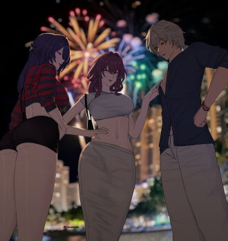 1boy 2girls 51325 absurdres acheron_(honkai:_star_rail) aerial_fireworks alternate_costume ass bag breasts caelus_(honkai:_star_rail) commentary english_commentary fireworks grey_hair hand_on_own_hip highres honkai:_star_rail honkai_(series) kafka_(honkai:_star_rail) large_breasts long_hair long_skirt looking_at_another multiple_girls navel outdoors pants purple_hair shirt short_hair shorts skirt striped_clothes thighs trailblazer_(honkai:_star_rail) very_long_hair wristband