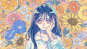 1girl 1other absurdres blue_flower blue_hair choppy_bangs closed_mouth collared_shirt commentary_request expressionless flower food fruit hand_on_another's_arm hand_on_another's_cheek hand_on_another's_face highres long_hair looking_at_viewer orange_(fruit) orange_background orange_eyes orange_flower orange_slice original out_of_frame partially_unbuttoned pink_flower port_(portzzz) shirt straight-on sunflower too_many_flowers white_flower white_shirt wing_collar yellow_flower