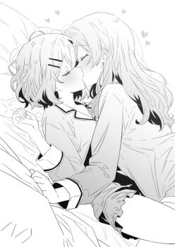2girls amaori_renako blush commentary greyscale hair_ornament hairclip heart highres kiss long_hair long_sleeves lwmina70119 monochrome multiple_girls pajamas parallel_hairclips sena_ajisai short_hair watashi_ga_koibito_ni_nareru_wake_naijan_murimuri! yuri