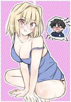 02surume 1boy 1girl ahoge arcueid_brunestud arm_support black_hair blonde_hair blue_camisole blush breasts camisole cleavage crossed_legs flustered gakuran glasses hair_intakes large_breasts leaning_forward looking_at_viewer panties pout poutine red_eyes school_uniform short_hair sitting strap_slip tohno_shiki tsukihime underwear