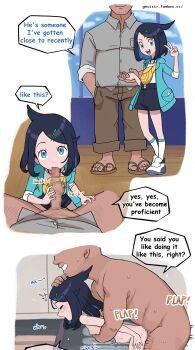 1boy 1girl absurdres age_difference bent_over black_hair black_shorts blue_eyes blue_hair blue_jacket blush censored closed_eyes completely_nude english_text faceless faceless_male fanbox_username fat fat_man fellatio flat_chest gnsisir grabbing_from_behind grey_shirt grin hair_ornament hairclip hairy hand_grab hand_on_another's_head handjob heart height_difference hetero highres hug huge_filesize jacket just_the_tip large_penis legs liko_(pokemon) loli medium_hair mosaic_censoring multicolored_hair multiple_views nintendo nipples nude older_male_and_younger_female open_mouth oral pants penis plap pokemon pokemon_(anime) pokemon_horizons sandals sequential sex sex_from_behind shirt shoes shorts size_difference smile socks speech_bubble stomach_bulge sweat two-tone_hair unworn_clothes unworn_pants white_footwear white_shirt white_socks