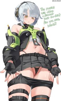 1girl :o anby_demara bare_shoulders belt black_belt black_gloves black_panties black_skirt black_thighhighs braid breasts buckle cleft_of_venus clothes_pull commentary english_commentary english_text fingerless_gloves gloves green_eyes green_jacket green_sleeves grey_hair headphones highleg highleg_panties highres jacket jtveemo long_sleeves looking_down microskirt multicolored_eyes multiple_belts navel orange_eyes panties parted_lips partially_visible_vulva pleated_skirt puffy_sleeves short_hair shorts shorts_pull side_braid simple_background single_braid skindentation skirt small_breasts snap-fit_buckle solo string_panties thick_thighs thigh_belt thigh_strap thighhighs thighs thong twitter_username undershirt underwear white_background zenless_zone_zero