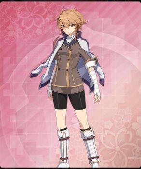 Rule 34 | 1girl, asymmetrical sidelocks, bandaged arm, bandages, bike shorts, black shorts, boots, breasts, brown jacket, buttons, closed mouth, double-breasted, feet out of frame, floral background, game cg, grey jacket, jacket, jacket on shoulders, knee boots, looking at viewer, official art, orange eyes, orange hair, origami family's elite guard uniform, pink background, red pupils, shidou maki (toji no miko), shin guards, short hair, shorts, sidelocks, small breasts, solo, spiked hair, third-party source, toji no miko, toji no miko: kizamishi issen no tomoshibi, white boots