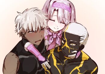 Rule 34 | 1girl, 2boys, archer (fate), blush, buzz cut, crew cut, dark-skinned male, dark skin, emiya alter, fate/grand order, fate (series), highres, hug, messy hair, multiple boys, ri km, short hair, sitonai (fate), smile, very dark skin, very short hair, white hair