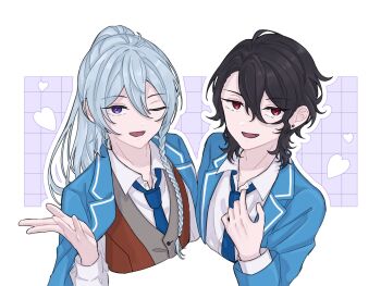 2boys 32o black_hair blue_background blue_hair blue_necktie braid brown_vest coat commentary_request cropped_torso earrings ensemble_stars! fang grey_vest grid_border hair_between_eyes heart hibiki_wataru highres jacket jacket_on_shoulders jewelry layered_sleeves long_hair long_hair_between_eyes long_sleeves looking_at_viewer male_focus medium_hair multiple_boys necktie open_clothes open_coat open_jacket open_mouth outline purple_eyes red_eyes sakuma_rei_(ensemble_stars!) school_uniform shirt side_braid smile stud_earrings two-tone_vest vest white_background white_outline white_shirt yumenosaki_school_uniform