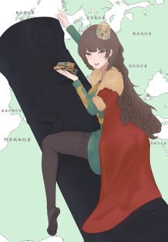 Rule 34 | 1girl, absurdres, blush, brown hair, cannon, chinese commentary, crown, dress, earrings, europa universalis, fang, genderswap, genderswap (mtf), green dress, highres, holding, jewelry, kaaba, made in zhejiang, map, mehmed ii, napoleon crossing the alps, open mouth, ottoman empire, pantyhose, parody, real life, skin fang, smile, solo, star and crescent, translation request