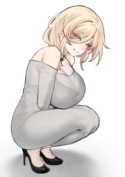 Rule 34 | 1girl, absurdres, arms under breasts, bare shoulders, black scrunchie, black shoes, bra strap, bra visible through clothes, breasts, cleavage, closed eyes, closed mouth, dongtan dress, dress, grey dress, hair ornament, hair over shoulder, hair scrunchie, high heels, highres, huge breasts, k0ng, long sleeves, looking at viewer, medium hair, merc-san (k0ng), off-shoulder dress, off shoulder, original, scrunchie, shoes, simple background, smile, solo, squatting, taut clothes, taut dress, tight clothes, tight dress, white background