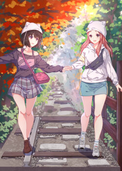 2girls autumn_leaves bag black_shirt blue_skirt brown_eyes brown_hair brown_shoes clothing_cutout collarbone commentary_request forest full_body hat hibike!_euphonium highres hisaishi_kanade holding_hands hood hoodie kenzaki_ririka kurenaiz_(kureniz) leaf long_hair long_sleeves looking_at_another miniskirt multiple_girls nature open_mouth outdoors pencil_skirt plaid_clothes plaid_skirt pleated_skirt shirt shoes short_hair shoulder_bag shoulder_cutout skirt smile socks walking white_hat white_hoodie white_shoes white_socks yuri