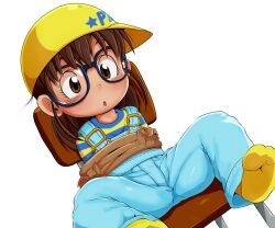 1girl brown_eyes brown_hair dagasi dr._slump female_focus glasses norimaki_arale overalls solo spread_legs tagme