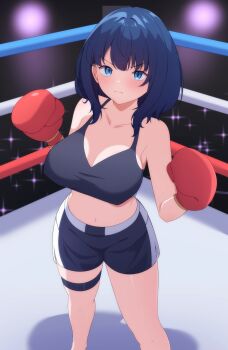 1girl blue_eyes blue_hair boxing_gloves boxing_ring breasts cleavage covered_erect_nipples fighting_stance highres large_breasts legs looking_at_viewer make_heroine_ga_oo_sugiru! medium_hair midriff navel serious solo sports_bra thighs yanami_anna